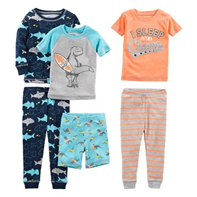 Image of Simple Joys by Carter&#039;s Boys&#039; 6 Piece Snug Fit Cotton Pajama Set, Dinosaur/Shark/Stripes/Surfer, 12 Months (Pack of 3)