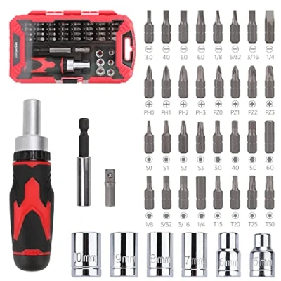 Image of Amazon Basics 41 Piece Magnetic Ratchet Screwdriver Set, Black, Red, Silver
