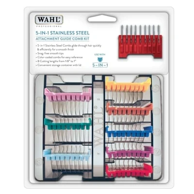 Image of Wahl Stainless Steel Comb Set, Coloured Attachment Combs, For Arco, Belisima, Bravura and Chromstyle, Clipper Trimmer Accessories, Storage Caddy
