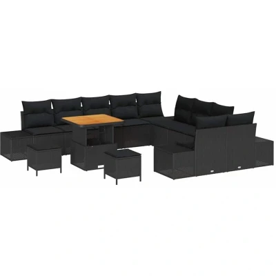 Image of vidaXL 13 Piece Garden Sofa Set with Cushions Black Poly Rattan Acacia