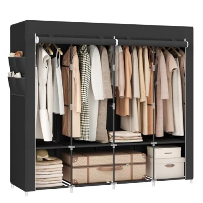 Image of SONGMICS Clothes Wardrobe, Portable Closet, Garment Organiser Rack with 4 Hanging Rails, Shelves, Side Pockets, 170 x 45 167 cm, Large Capacity for Bedroom, Living Room, Black RYG094B02