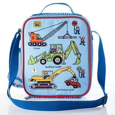 Image of Tyrrell Katz Kids Insulated Trucks Printed Lunch Bag in Blue Children&#039;s Zip Meal Tote with Adjustable Strap and Bottle Holder 21.5 x 24.5 6 cm