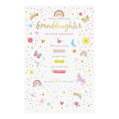 Image of Words and Wishes Special Granddaughter Birthday Card Unicorns, Rainbows Butterflies with Embossed Foil Finish