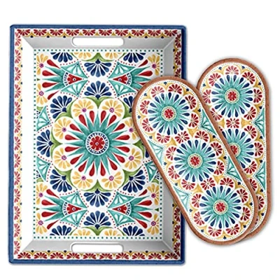 Image of Purely Home Rio Medallion Outdoor/Picnic/BBQ Plastic/Melamine 3 Piece Serving Platter &amp; Tray Set