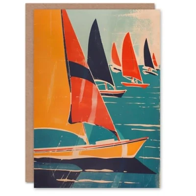 Image of Artery8 Retro Sailboats at Sea Artwork Nautical Fun Greeting Birthday Card Him Her All Blank