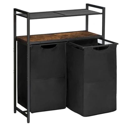 Image of HOOBRO Laundry Basket, Washing Baskets for Laundry, Sorter, Hamper, 2 x 49.5L, with Pull Out and Removable Bags, Shelves, Bathroom, Rustic Brown Black EBF73XY01