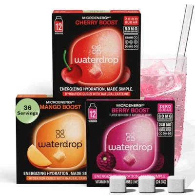 Image of waterdrop® Microenergy Set, Energy Drink, 36 Water Flavouring Hydration Cubes, Blackberry, Mango and Cherry Flavour, Sugar Free, Low Calorie Fizzy Drinks, 90 mg Natural Caffeine, Vitamin C B