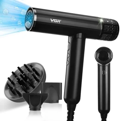 Image of VGR Professional Hair Dryer High Speed Powerful Brushless 11000 RPM Fast Dry Negative Ionic Lightweight Blow Hairdryer with Diffuser for Curly and Nozzle Quiet Low Noise