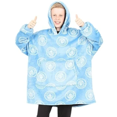 Image of MANCHESTER CITY Football Club Boys Fully Lined Luxury Fleece Hoodie, Oversized Blanket Hoody Blue