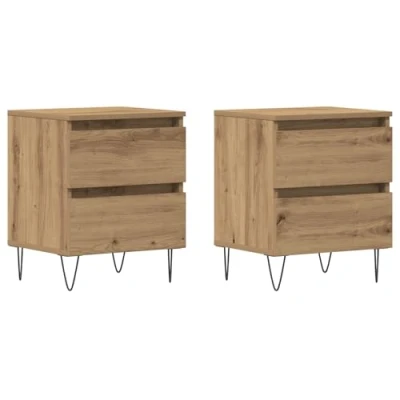 Image of vidaXL Artisan Oak Bedside Cabinets Set of 2, Solid Wood Nightstands, Brown Matte Finish, Rectangle, 2 Drawers, Bedroom Side Tables