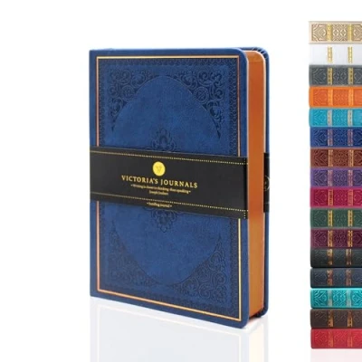 Image of VICTORIA&#039;S JOURNALS Leatherette Vintage Journal Hard Cover Lined Notebook Old Looking Travel Diary (Navy Blue, B6)