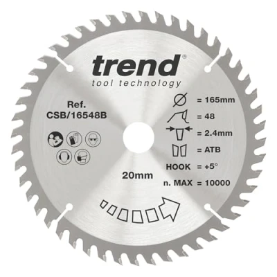 Image of Trend Wood Circular Saw Blade, 165mm Diameter, 20mm Bore, 48 Teeth, TCT, 2.2mm Kerf, +15 Hook, CSB/16548B