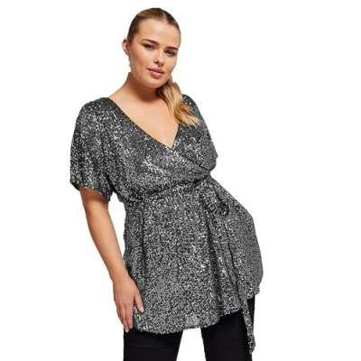 Image of Yours London Curve Sequin Wrap Top Women&#039;s Plus Size Silver