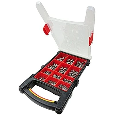 Image of Merriway BH06616 (500 Pcs) Assortment of Stainless Steel Machine Screws, Hex Nuts &amp; Flat Washers in a 12 Compartment Carry Case Pack 500 Pieces