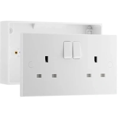 Image of BG Electrical Double Switched Power Plug Wall Socket and 32mm Surface Mounted Back Box, 2 Gang Pattress Square Edge, Nexus 900 Series, White Moulded, IP20, 13A, 922/902