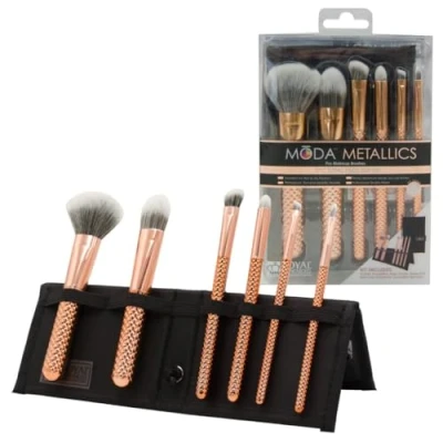 Image of Moda Royal &amp; Langnickel Travel Size Metallics Total Face Makeup Brush Set with Pouch, Includes Powder, Foundation, Angle Shader, Smoky Eye, Brow Liner and Pointed Lip Brushes, Rose Gold, MSET TF7RG