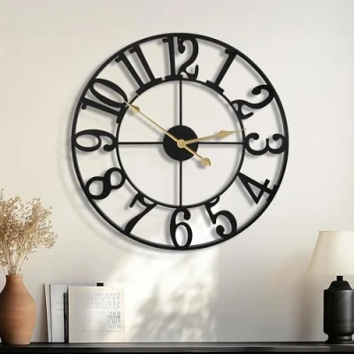 Image of HAITANG Modern Large Wall Clocks for Living Room, 47cm / 18 Inches Round Black Metal Silent Non Ticking Battery Operated Roman Numerals Clock Bedroom,Kitchen,Office,Classroom Home Decor