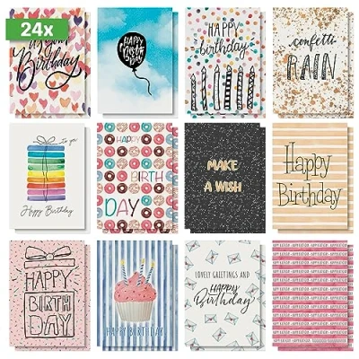 Image of SIGEL DS703 Set of 24 Birthday postcards, 12 motifs, White carton, pre printed