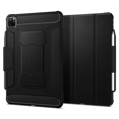 Image of Spigen Rugged Armor Pro Case Compatible with iPad 12.9 Inch 6th Generation (2022) and 5th (2021) Pencil Holder/Auto/Sleep Wake Function/TriFold Stand Black