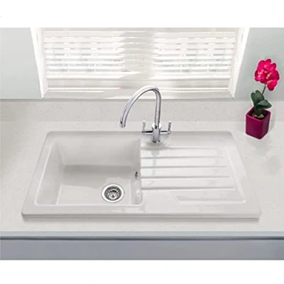 Image of Single Bowl Inset White Ceramic Sink with Reversible Drainer Alexandra