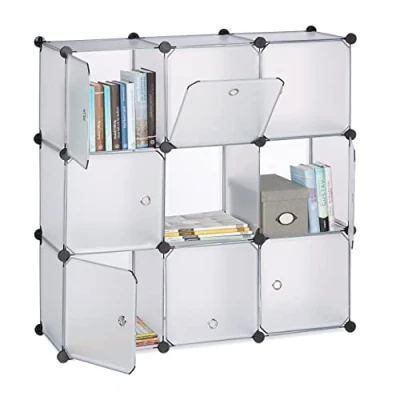Image of Relaxdays Shelving System with Doors, Plastic Divider, Standing Shelf 9 Compartments, 95 x 35 cm, Transparent