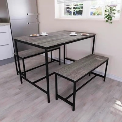Image of Vida Designs Roslyn 4 Seater Dining Table With 2 Benches, 3 Piece Set, Room Furniture Solid Metal Frame (Grey)