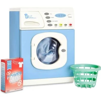 Image of Casdon Blue Electronic Washer. Toy Washing Machine with Spinning Drum, Lights, and Sound Effects. Includes Laundry Basket Powder Box. Playset for Children Aged 3+