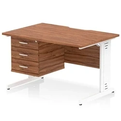 Image of Impulse 1200 x 800mm Scalloped Edge Office Desk Walnut Top White Cable Managed Leg Workstation 1 3 Drawer Fixed Pedestal