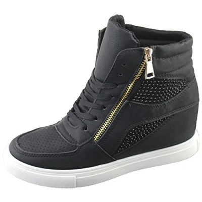 Image of shelikes Womens Trainers Ladies Shoes High Top Sneakers Diamante Wedge Heel Ankle Boots Black
