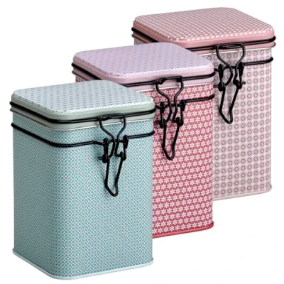 Image of Set of 3 tea caddies, Bella storage cans, pink, blue, red, each 150 g, unique