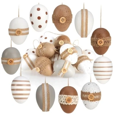 Image of com four® 18x Easter Eggs to Hang Up Natural Coloured Decoration with Great Ornaments Decorative Ribbon 6 cm