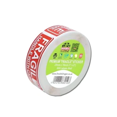 Image of Double Dragon, 500 Labels, 1&quot; x 3&quot; Inch (25mm 76mm), Fragile Sticker, Handle with Care Red Warning Label, Label for Packing Boxes, Strong Adhesive Sticker