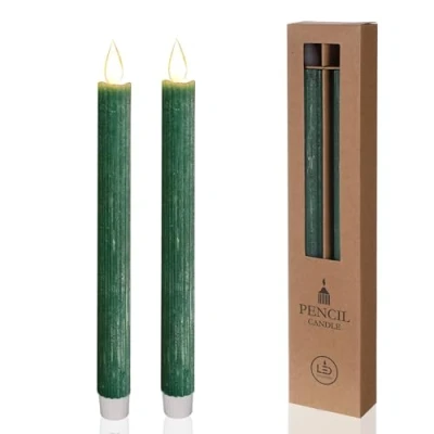 Image of comforder Real Wax LED Taper Candle Electric Flickering Candles Battery Operated (Set of 2), with Timer Function (Moss Green)