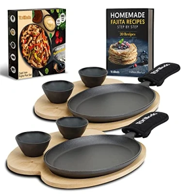 Image of Tortillada 25cm Fajita Cast Iron Griddle Pan/Fajitas Grill Pan Includes Wooden Serving Tray + 2 Ceramic Dip Bowls (Set of 2)