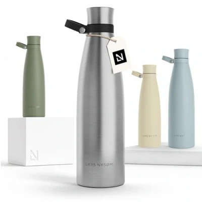 Image of LARS NYSØM Stainless Steel Insulated Water Bottle 25oz 34oz Thermo Flask for Hot and Cold Beverages Leakproof Drinking (Stainless Steel, 1000ml)