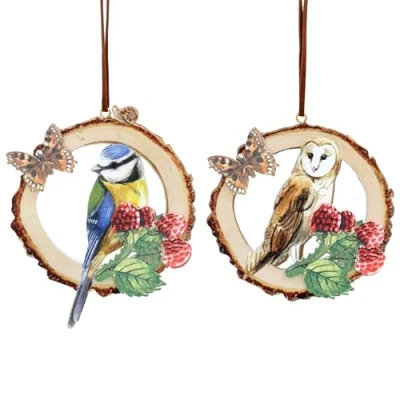 Image of Gisela Graham Wood Owl and Blue Tit in Log Ring 10x9x1 Centimetre Hanging Decorations Set of 2