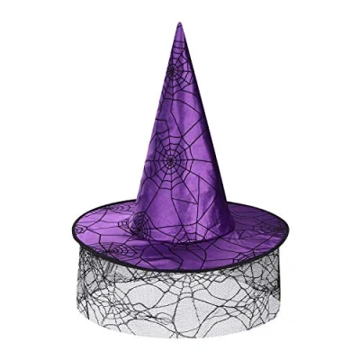 Image of Witch Hat for Kids Adults Halloween Costume with Spider Web Veil Headwear Pumpkin Cosplay Party Accessory Fancy Dress Props