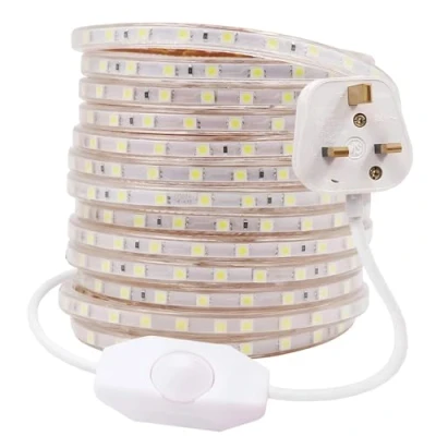 Image of GQL 5m Dimmable LED Strip Mains Powered, WhiteSMD 5050 60leds/m IP65 Waterproof Commercial Rope Light with UK Plug, DIY Indoor Outside Decor Ribbon Lighting