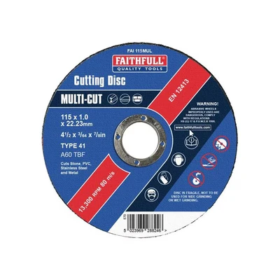Image of Faithfull FAI11510MUL Extra Thin (1 mm) Fast Cut Cutting Discs 115 mm x 1 22 (4.5 Inch) 10 Pack with Storage Tin