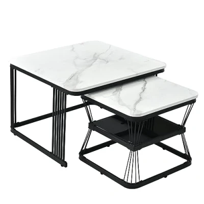 Image of ModernLuxe 2 in 1 Coffee Table Square Nest of Tables Multi functional Side with Black Metal Frame Legs and Marble Pattern White Top