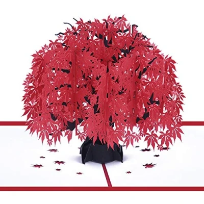 Image of 3D Christmas Cards Pop Up Greeting Holiday Gifts for Xmas/New Year/Birthday Card, Tree Nature Card (Red maple leaf)