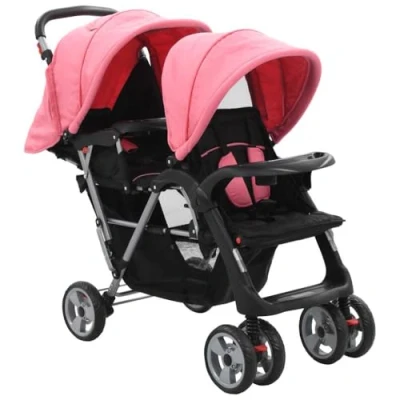 Image of vidaXL Tandem Stroller Pink and Black Steel