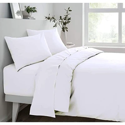 Image of Sleepdown Fitted Sheet Super Soft Cosy Easy Care Polycotton Bed Linen Luxury Bedding Bedsheet 25cm Deep Non Iron White King