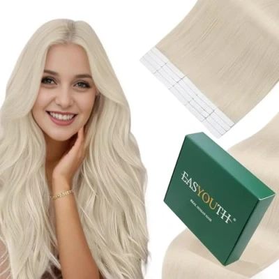 Image of Easyouth Tape in Hair Extensions Real Blonde Human 14 Inch 40g 20Pcs Invisible White Remy