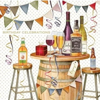 Image of Nigel Quiney Male Birthday Card General for Men Wine, Beer and Whiskey with Bunting Foil Finish Eco Friendly Recyclable