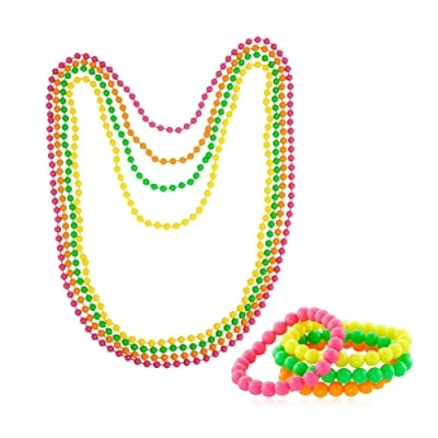 Image of jokeshop Neon Beads Necklace &amp; Bracelet 80s 90s Costume Jewellery Accessory Bright Rave Fancy Dress