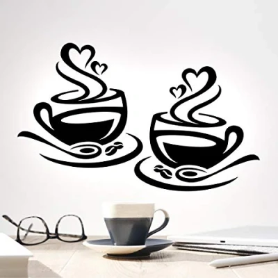 Image of Coffee Cups Wall Stickers Mugs Kitchen Decor Funny myg Love Decal Tea Cafe Vinyl Decals Saying Quote Mug lids Cup hot Removable Sticker Drinking Espresso Gift Late Pub bar Cupboard Black