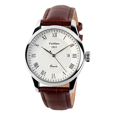 Image of FeiWen Unisex Fashion Stainless Steel Analog Quartz Watch for Women and Men Roman Numerals Calendar Business Dress Casual Wrist Watches with Leather Band, Silver