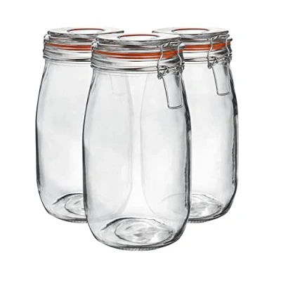 Image of Argon Tableware Glass Jars with Airtight Metal Clip Lid 1500ml/50.7oz 6 Pack 4 Colour Seals Large Kitchen Storage Container Round Preserving Jar for Pickling, Chutney, Jam, Coffee