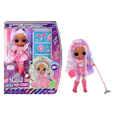 Image of L.O.L. Surprise! Tweens Neon Pop Stars Kitty K 1 Fashion Doll, with Backlight Surprises and 10+ Star Fashions Accessories Including Retro Mic Stand, Present for Kids Ages 4+